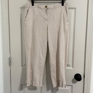 Talbots Linen Cotton Pants Womens 12 Petite Beige Crop Straight Leg Coastal